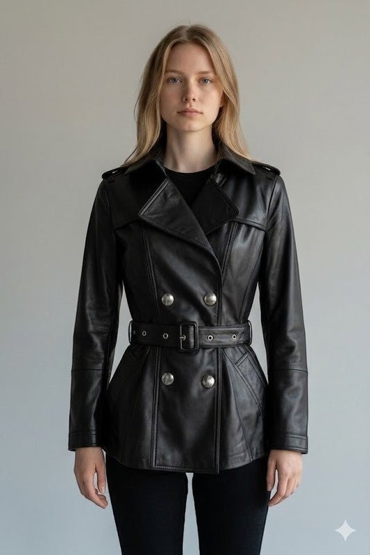 Model wearing a black Scarlett Stitch double-breasted leather trench jacket with silver buttons and a waist belt.