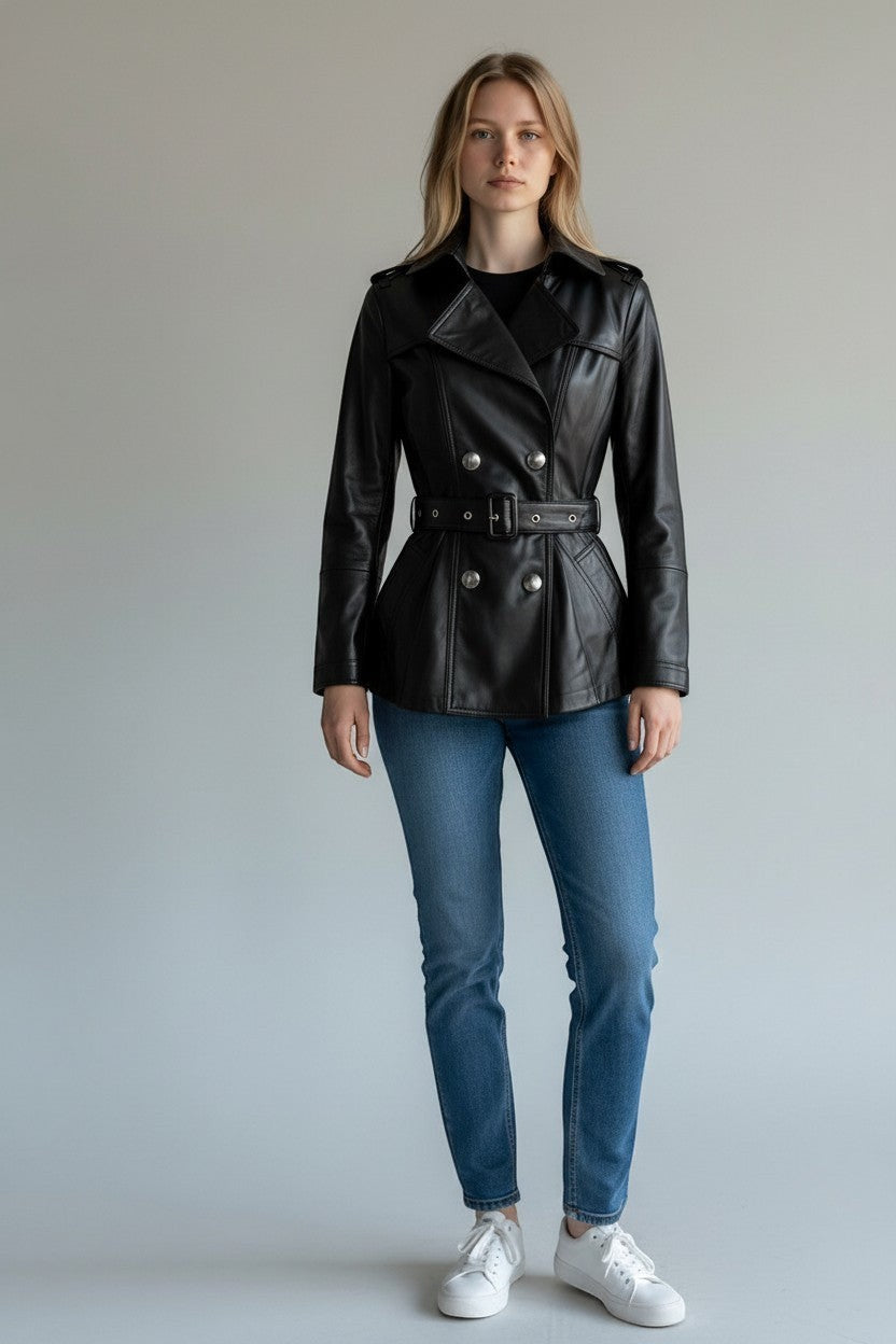 Scarlett Stitch black leather double-breasted jacket with silver buttons, waist belt, and epaulettes on a model.