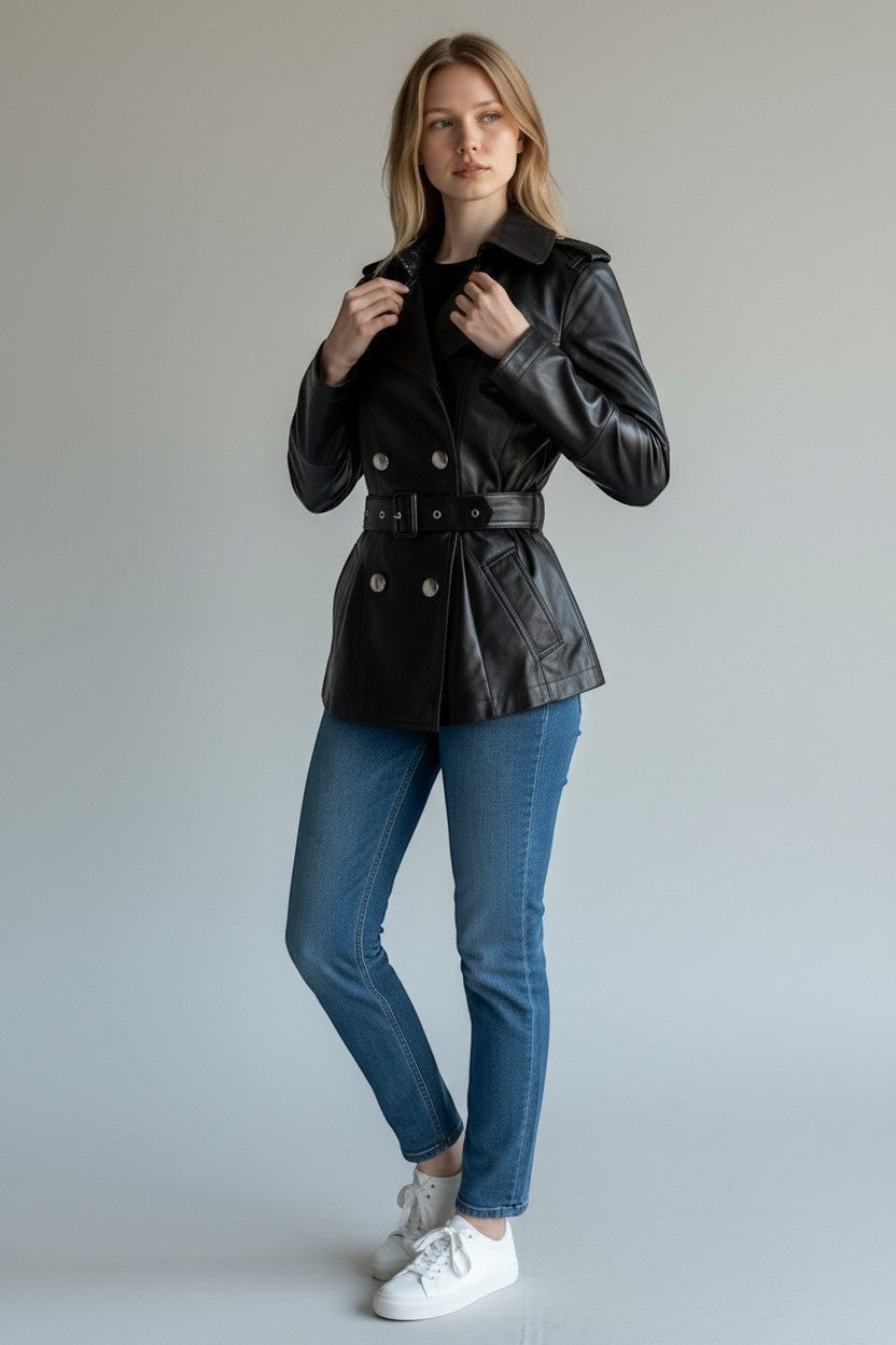 Scarlett Stitch black leather double-breasted jacket with silver buttons, waist belt, and epaulettes on a model.