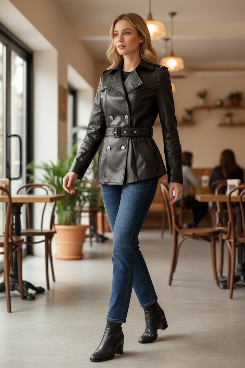 Scarlett Stitch black leather double-breasted jacket with silver buttons and waist belt worn by a woman in a cafe.