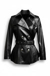 Scarlett Stitch black leather double-breasted jacket with silver buttons, waist belt, and epaulettes.