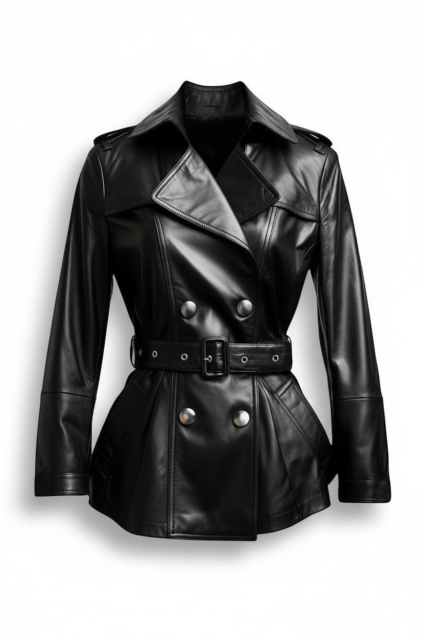 Scarlett Stitch black leather double-breasted jacket with silver buttons, waist belt, and epaulettes.