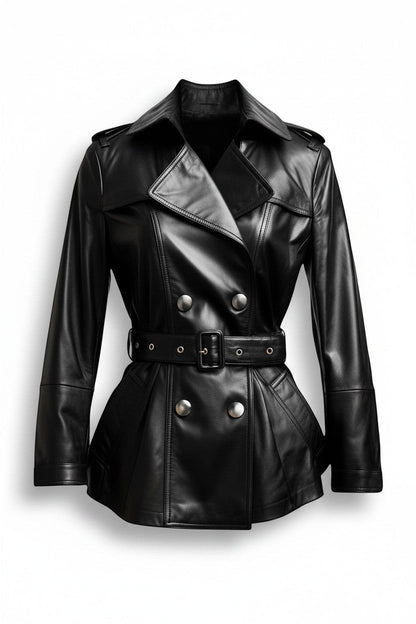Scarlett Stitch black leather double-breasted jacket with silver buttons, waist belt, and epaulettes.