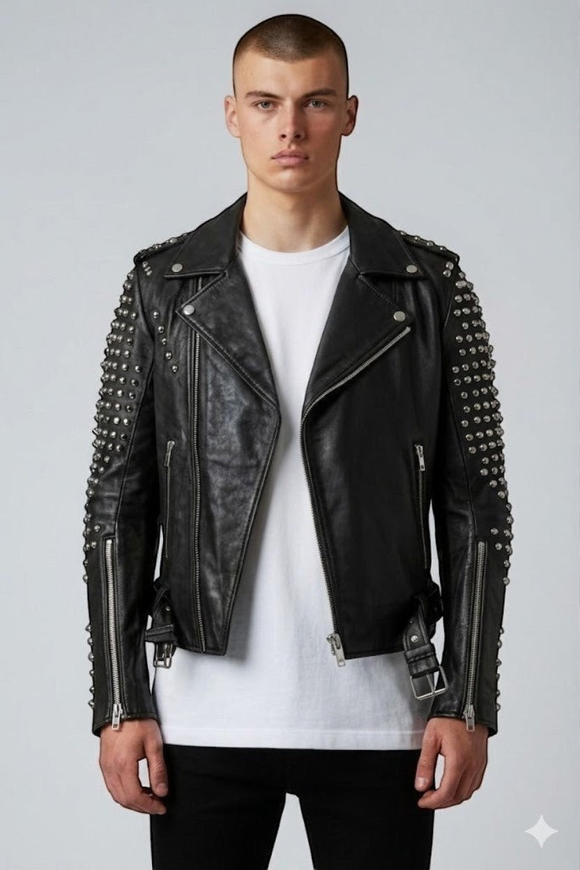 Scarlett Stitch black leather biker jacket with silver studs on sleeves, asymmetrical zip, and belted waist on a man.
