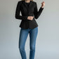 Scarlett Stitch women's black tailored fit blazer jacket with sharp lapels and three-button closure.