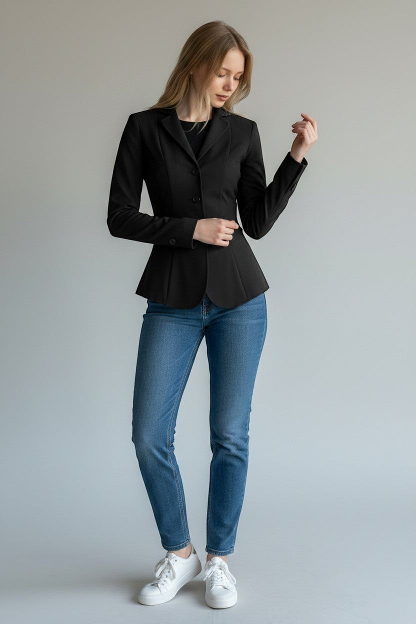 Scarlett Stitch women's black tailored fit blazer jacket with sharp lapels and three-button closure.