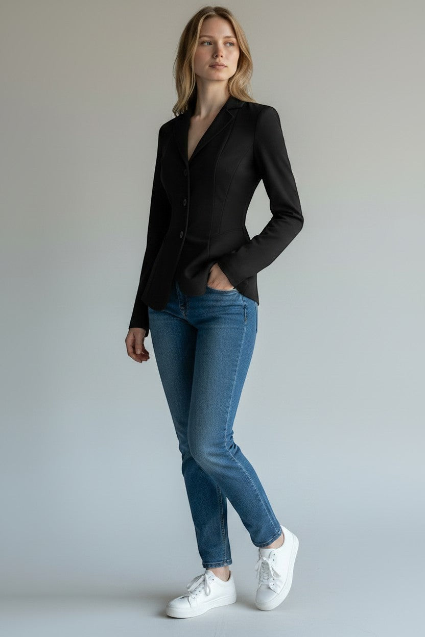 Scarlett Stitch women's black tailored fit blazer jacket with sharp lapels and three-button closure.