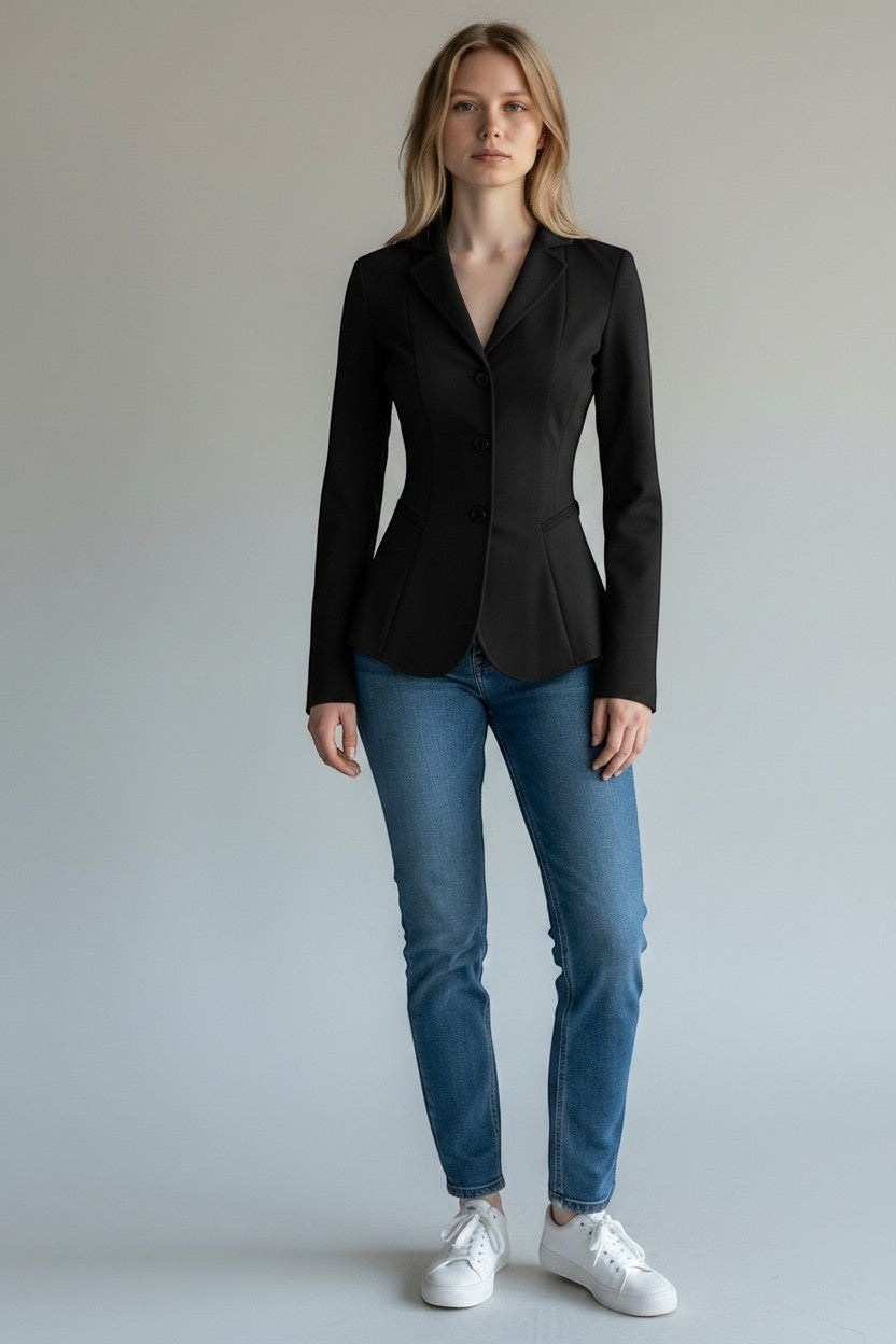 Scarlett Stitch women's black tailored fit blazer jacket with three-button closure and sharp lapels.