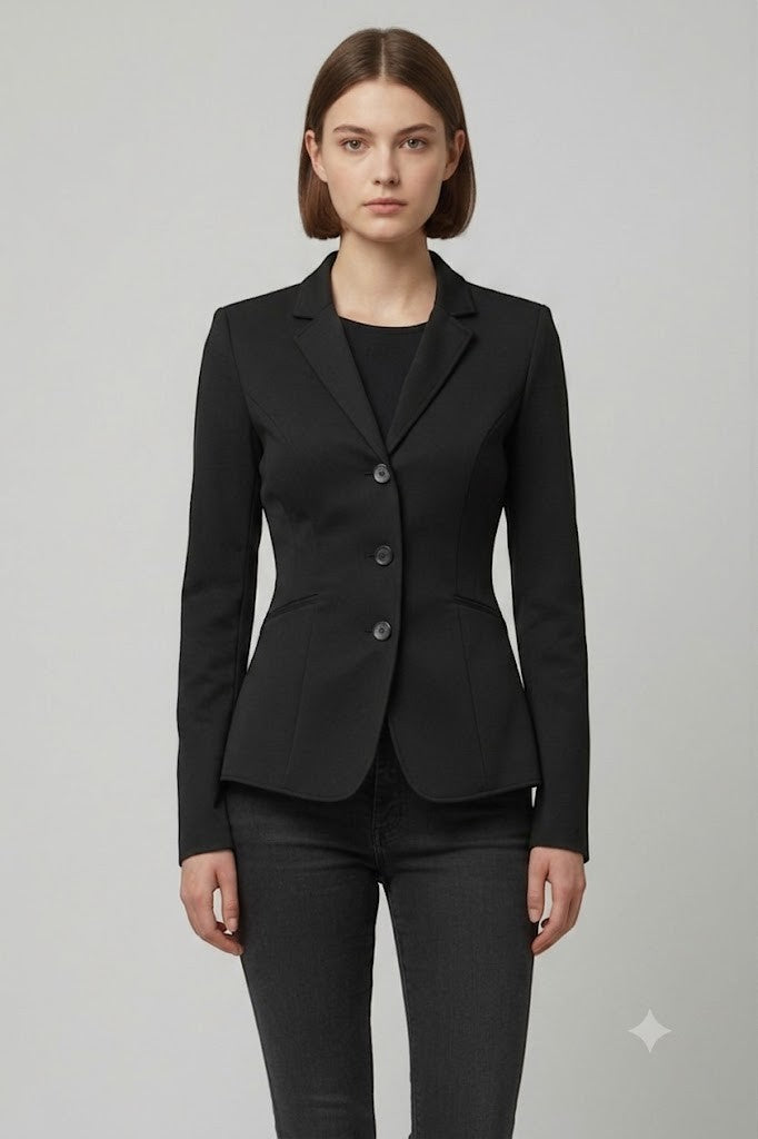 Scarlett Stitch women's black tailored blazer with notched lapel and three-button closure. Professional, classic fit.