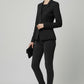 Scarlett Stitch women's black tailored blazer with notched lapel and three-button closure, paired with dark wash jeans.