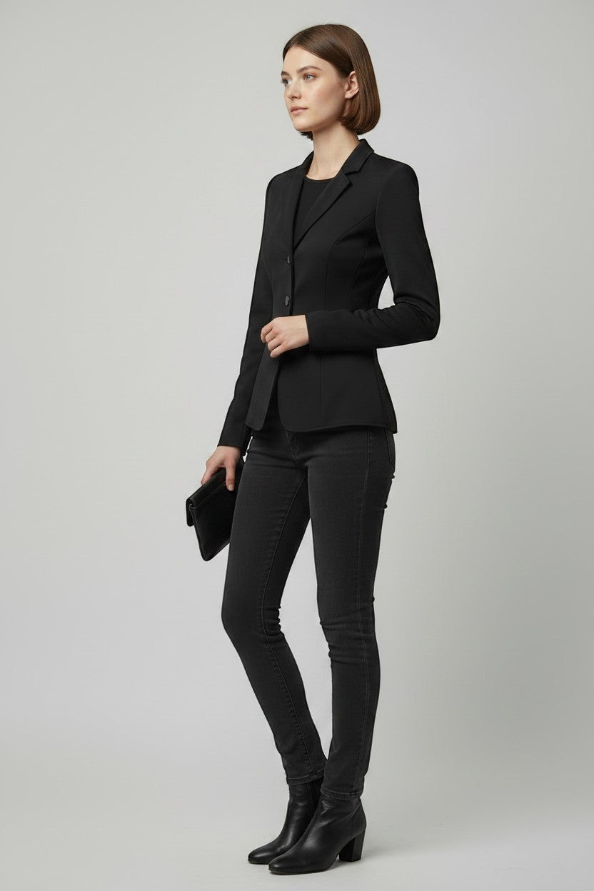 Scarlett Stitch women's black tailored blazer with notched lapel and three-button closure, paired with dark wash jeans.