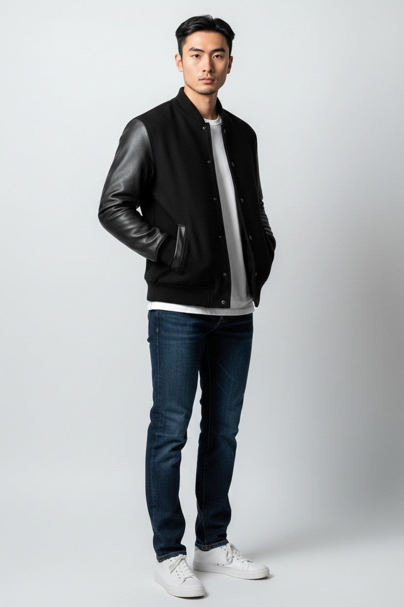 Scarlett Stitch Men's black wool-blend varsity jacket with genuine leather sleeves, snap front, and welt pockets.