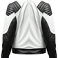 Scarlett Stitch men's black and white faux leather biker jacket with quilted shoulder panels, back view.