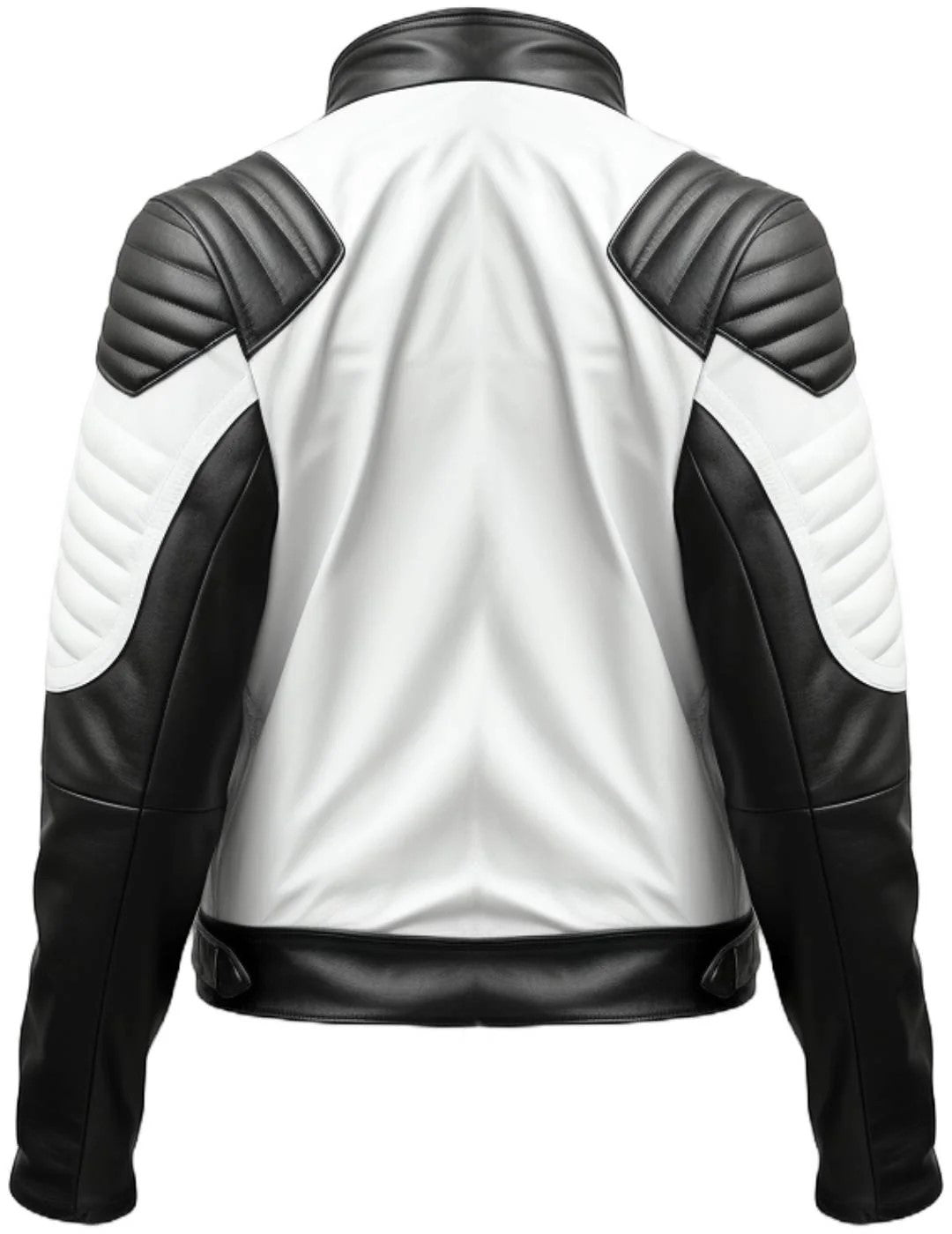 Scarlett Stitch men's black and white faux leather biker jacket with quilted shoulder panels, back view.