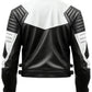 Scarlett Stitch black and white faux leather motorcycle jacket with quilted shoulder padding, back view.