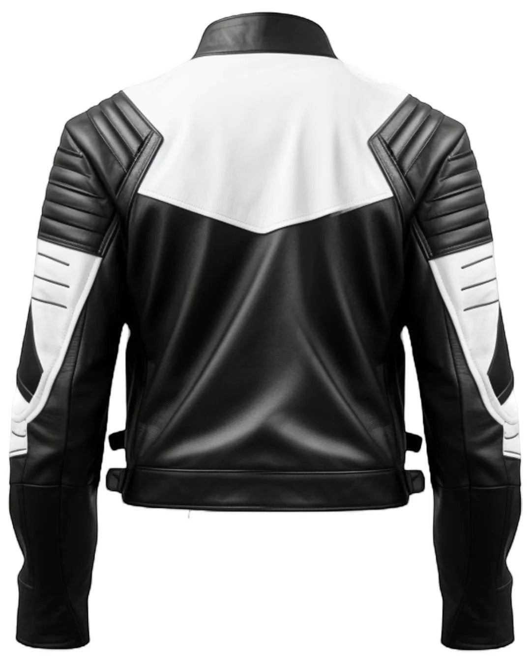 Scarlett Stitch black and white faux leather motorcycle jacket with quilted shoulder padding, back view.