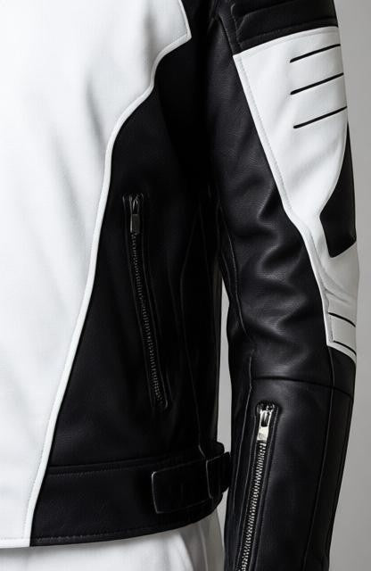 Scarlett Stitch black and white faux leather motorcycle jacket with quilted shoulder padding and zippered side pockets