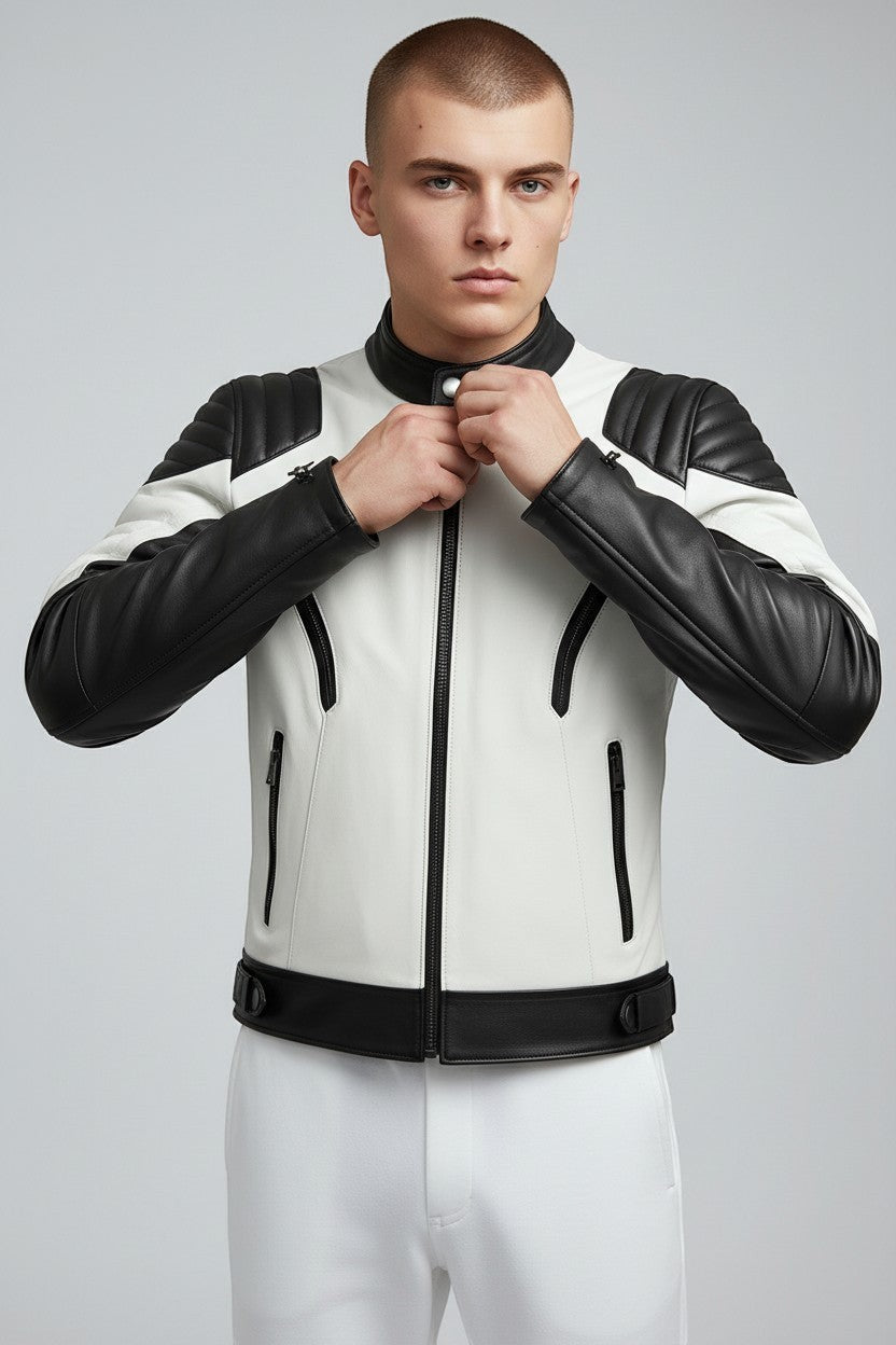 Scarlett Stitch men's black and white leather motorcycle jacket with quilted shoulder panels and snap-button collar.