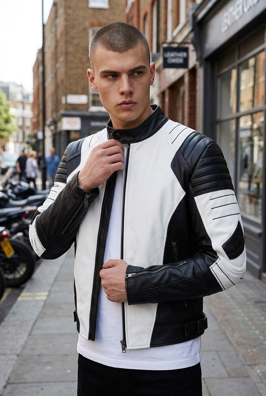 Scarlett Stitch men's black and white leather motorcycle jacket with quilted shoulder padding and mandarin collar.