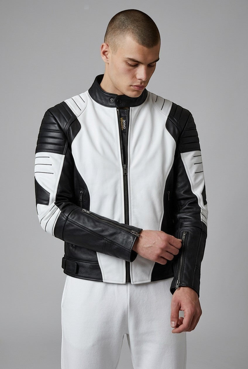 Scarlett Stitch men's black and white leather motorcycle jacket with quilted shoulder padding and mandarin collar.