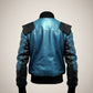 Scarlett Stitch blue and black leather bomber jacket with ribbed cuffs, collar, and hem, and distinctive shoulder detailing.