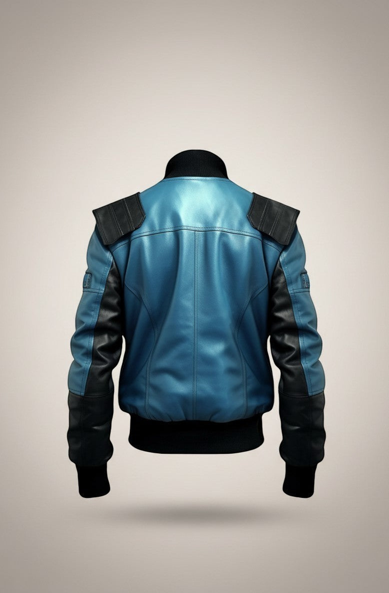 Scarlett Stitch blue and black leather bomber jacket with ribbed cuffs, collar, and hem, and distinctive shoulder detailing.