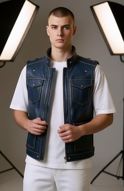Model wearing a Scarlett Stitch distressed blue leather utility vest with snap-button pockets and a stand-up collar.