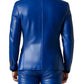 Back view of a Scarlett Stitch royal blue faux leather tailored suit jacket with a sleek, structured fit.