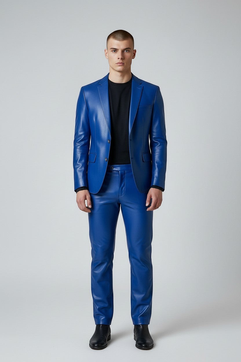 Scarlett Stitch royal blue faux leather suit jacket with notch lapels and two-button closure on a male model.