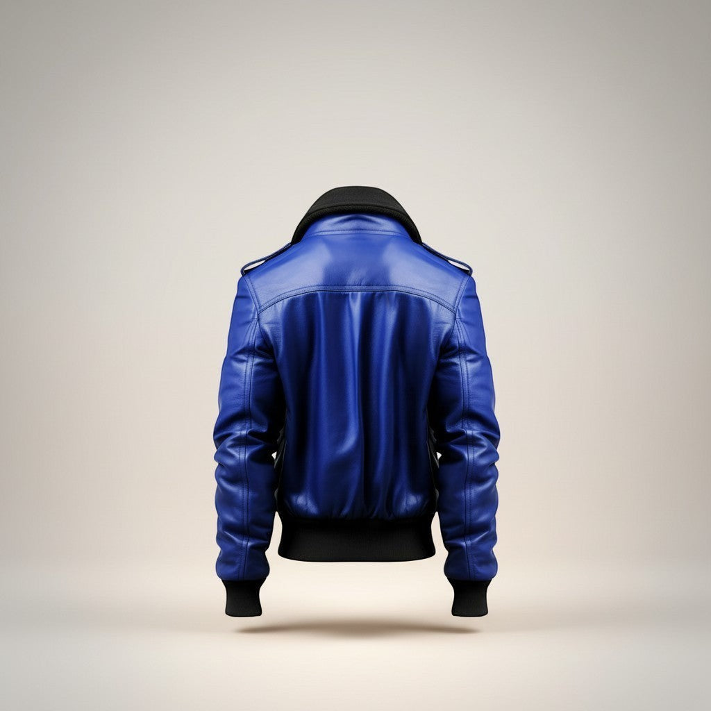 Scarlett Stitch royal blue leather bomber jacket with black ribbed collar, cuffs, and hem. Features epaulets and flap pockets.