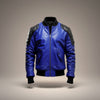 Scarlett Stitch men's royal blue genuine leather bomber jacket with black quilted shoulders and ribbed collar, cuffs, and hem.
