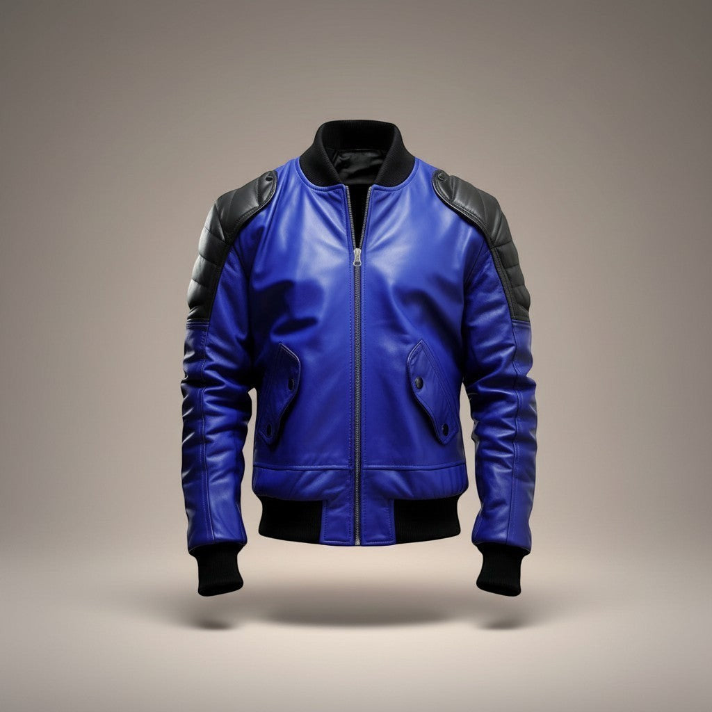 Scarlett Stitch men's royal blue genuine leather bomber jacket with black quilted shoulders and ribbed collar, cuffs, and hem.