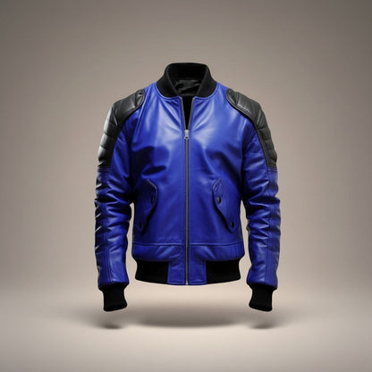 Scarlett Stitch men's royal blue genuine leather bomber jacket with black quilted shoulders and ribbed collar, cuffs, and hem.