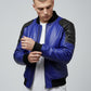 Scarlett Stitch men's royal blue leather bomber jacket with black quilted shoulders and ribbed collar, cuffs, and hem.