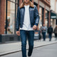 Scarlett Stitch blue leather bomber jacket with faux-fur collar worn by a man walking on a city street