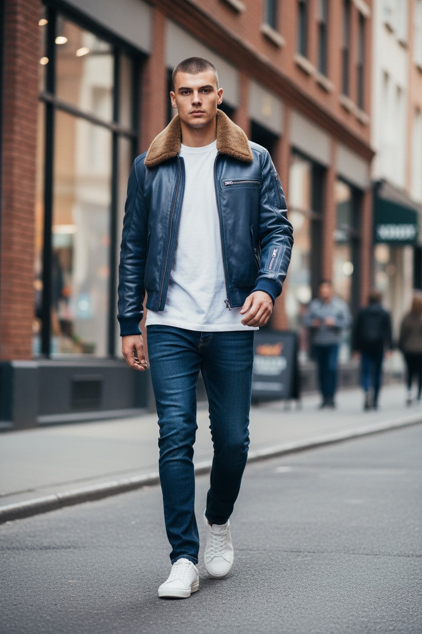 Scarlett Stitch blue leather bomber jacket with faux-fur collar worn by a man walking on a city street