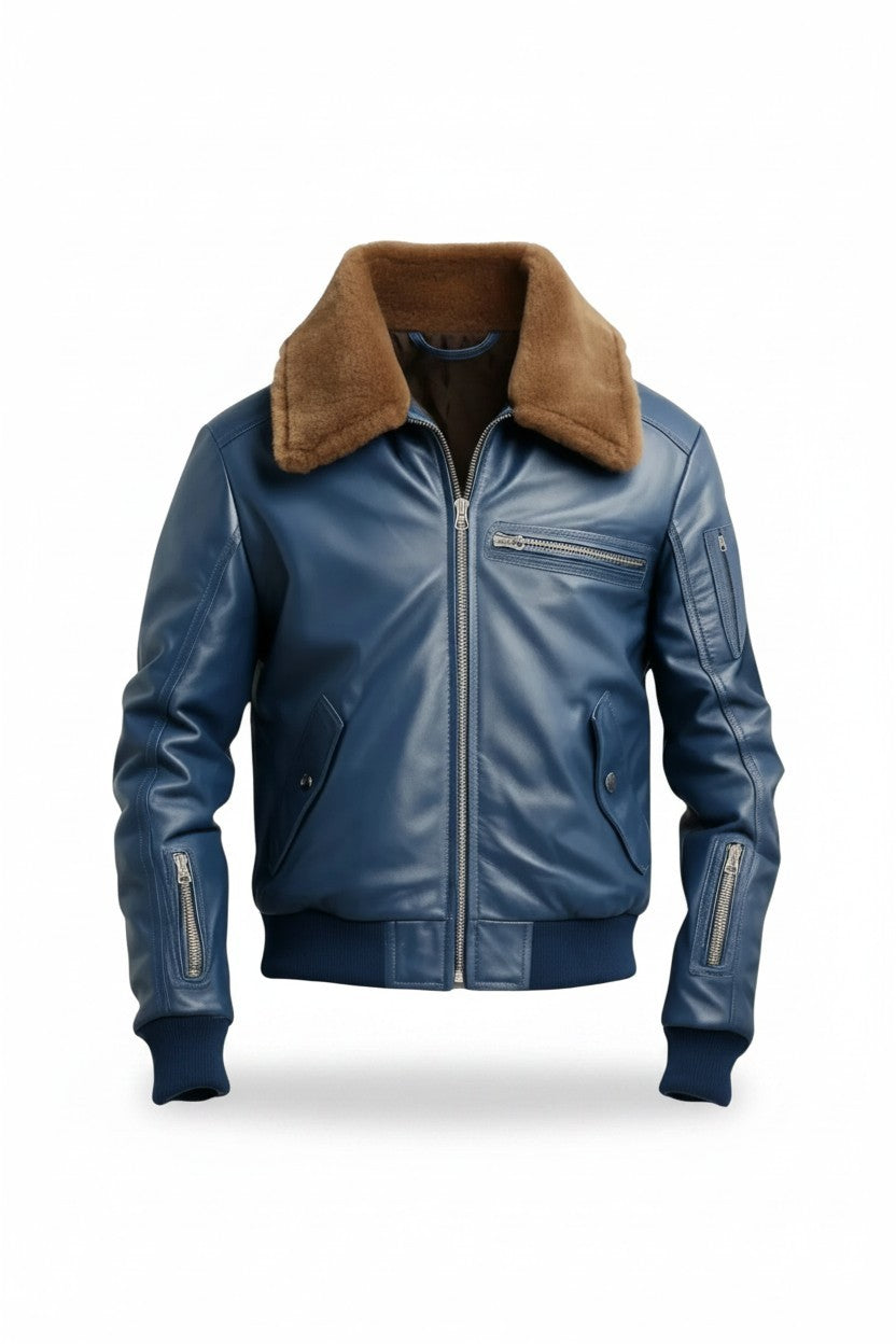 Scarlett Stitch men's blue leather bomber jacket with a brown faux-fur collar, ribbed cuffs, and zippered pockets.
