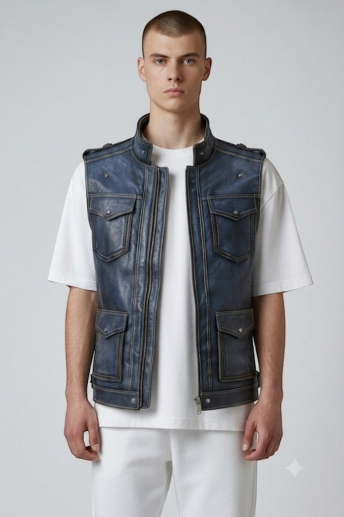 Model wearing a Scarlett Stitch distressed blue leather utility vest with multiple pockets and a stand-up collar.