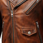 Scarlett Stitch vintage brown distressed leather biker jacket with asymmetrical zip, notched lapels, and metal hardware.