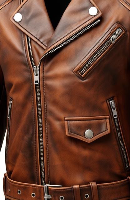 Scarlett Stitch vintage brown distressed leather biker jacket with asymmetrical zip, notched lapels, and metal hardware.