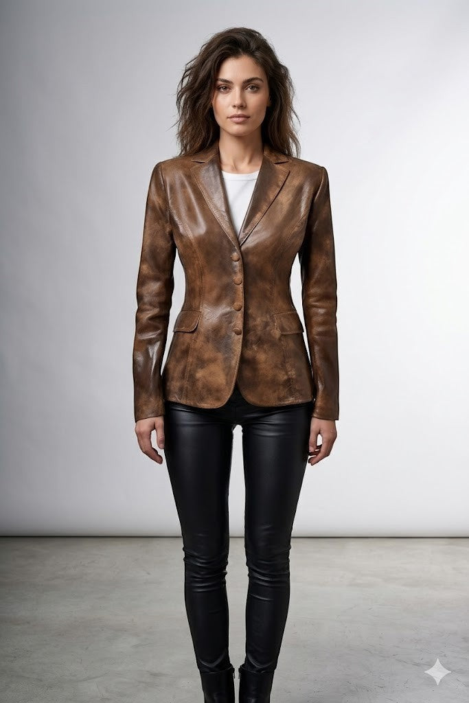 Scarlett Stitch brown distressed leather blazer with notched lapels and four-button closure on a female model.