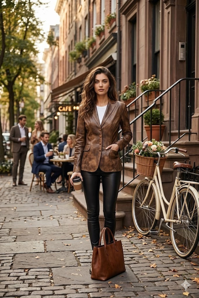 Scarlett Stitch brown distressed leather blazer with notched lapels worn by a woman on a city street.