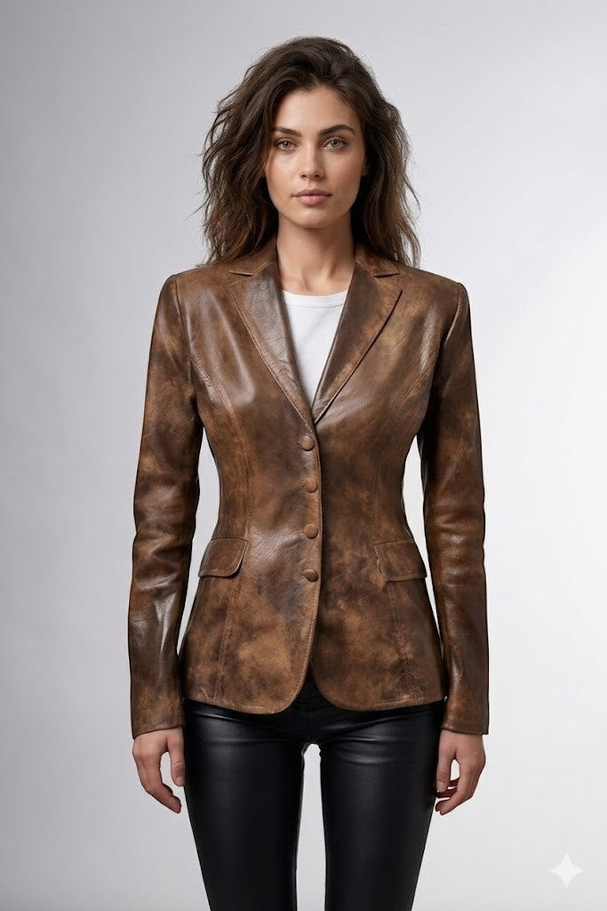 Scarlett Stitch brown distressed leather blazer with notched lapels and four-button closure worn by a model