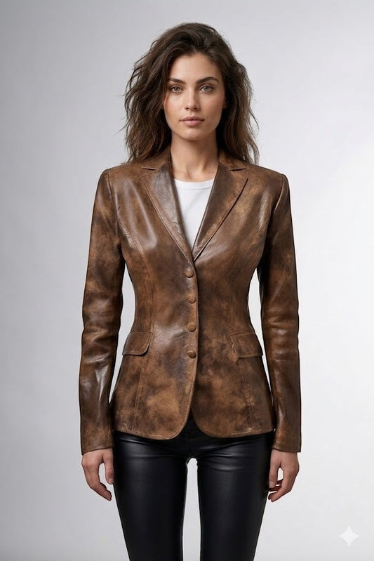 Scarlett Stitch brown distressed leather blazer with notched lapels and four-button closure worn by a model
