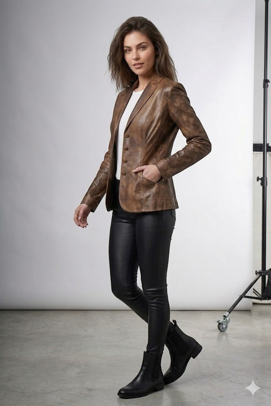 Scarlett Stitch brown distressed leather blazer with notched lapels and four-button closure on a model.