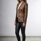 Scarlett Stitch brown distressed leather blazer with notched lapel and four-button closure on a female model