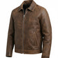 Scarlett Stitch men's brown distressed leather bomber jacket with a structured collar and front zipper closure.