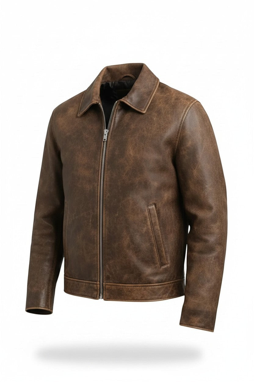 Scarlett Stitch men's brown distressed leather bomber jacket with a structured collar and front zipper closure.