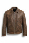 Scarlett Stitch men's brown distressed leather bomber jacket with a structured collar and front zipper.