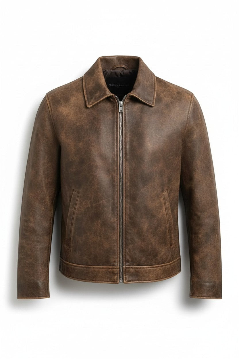 Scarlett Stitch men's brown distressed leather bomber jacket with a structured collar and front zipper.